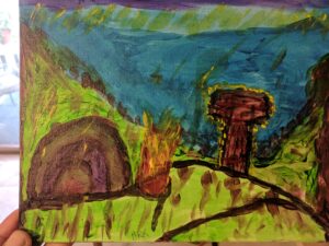 2018 painting acrylic on canvas board of ceremonial sweat lodge tent area